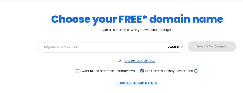 Bluehost domain search with register, use existing, or choose later options