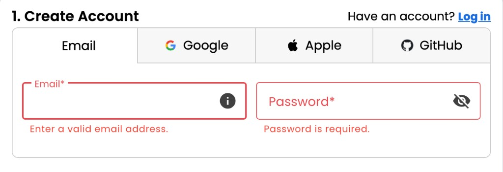 Bluehost checkout — create account with email, password, or social sign-in